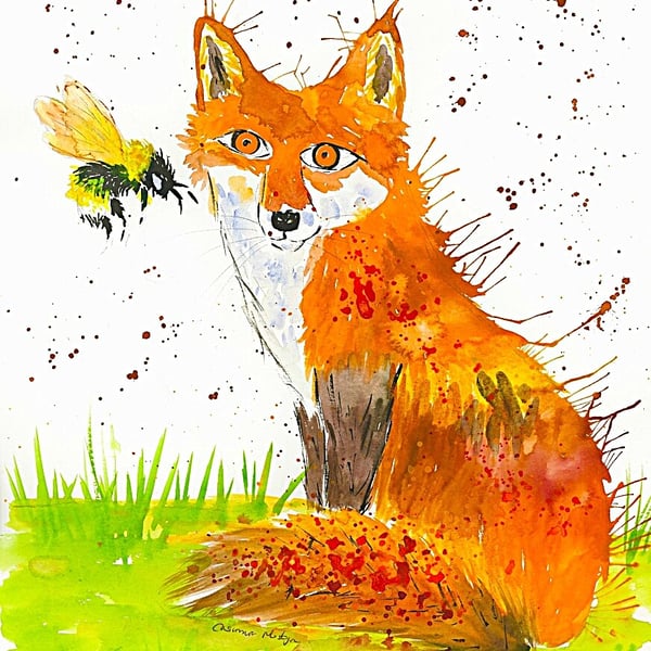 Fox and bee Greeting card greeting Card 5" x 7" "Foxy Lady"