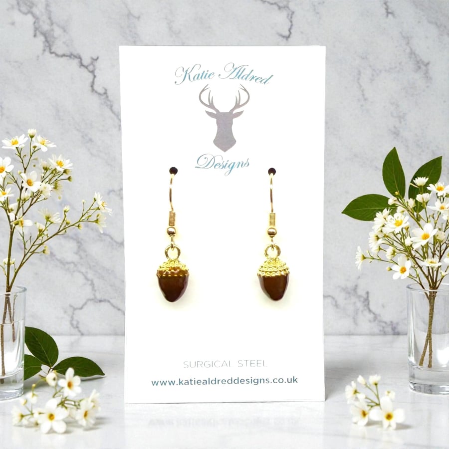 Charm Earrings - Gold & Brown Acorns