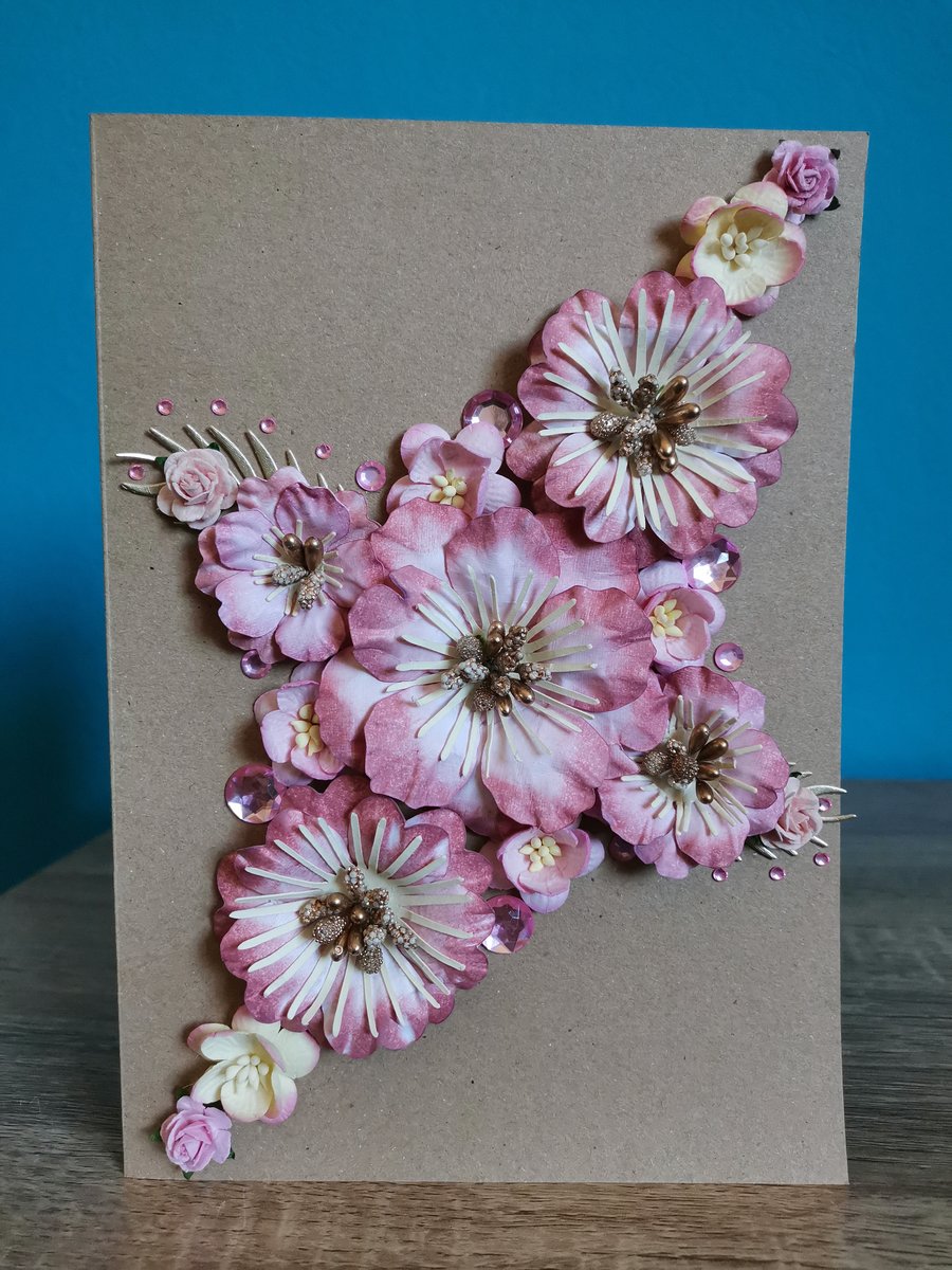 Pink flowers large very luxury handmade keepsake greeting card with box