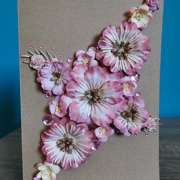 Pink flowers large very luxury handmade keepsake greeting card with box
