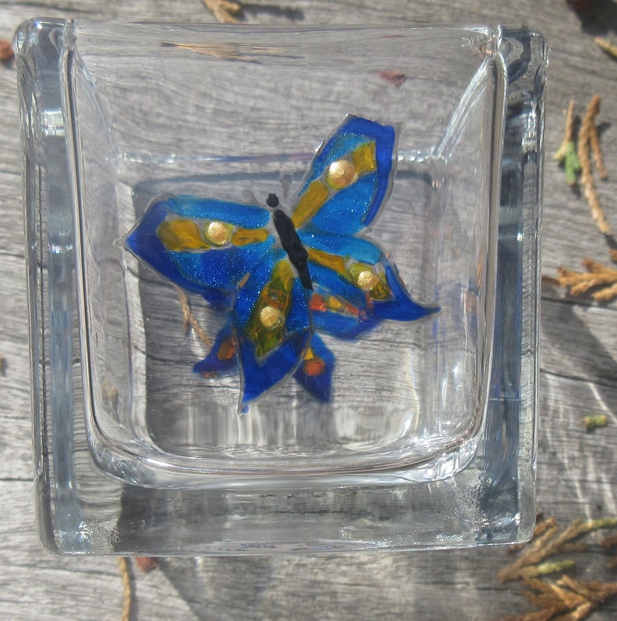 Square glass candle holder - hand painted with two blue butterflies
