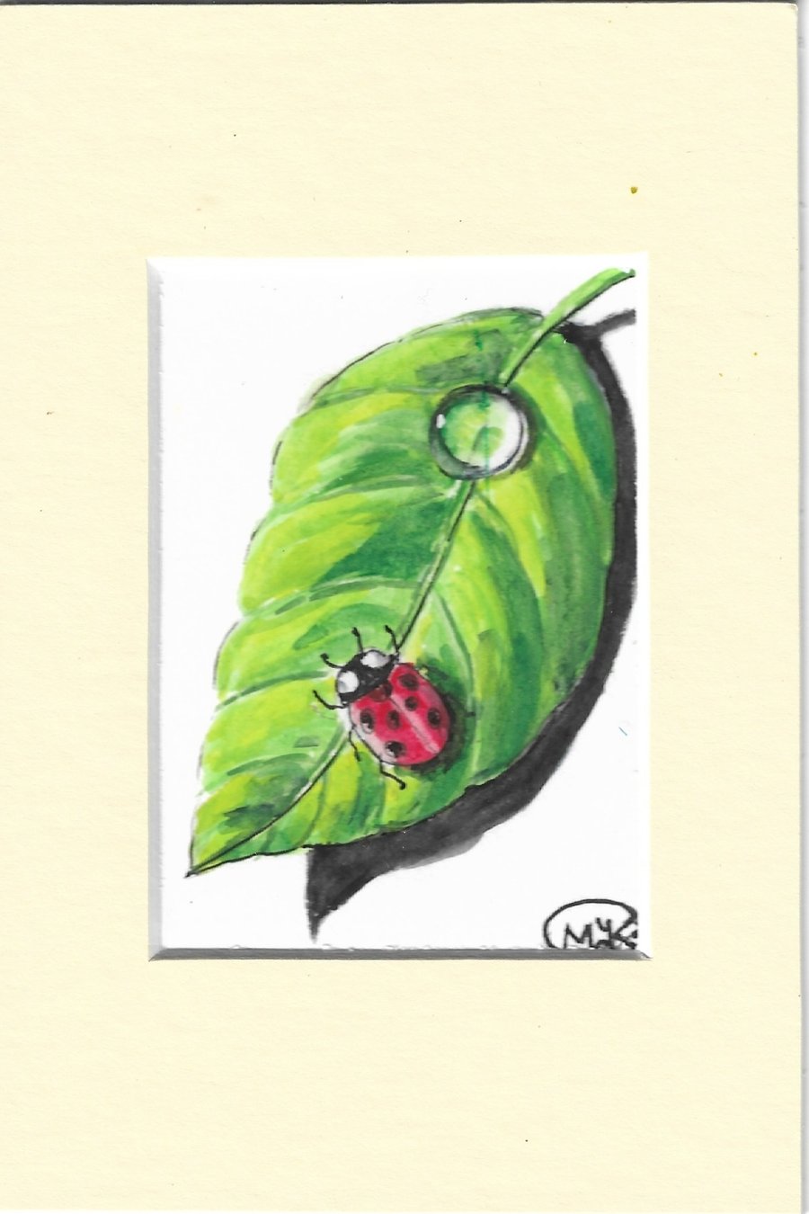 Ladybird on a Green Leaf Miniature. ACEO. Original painting