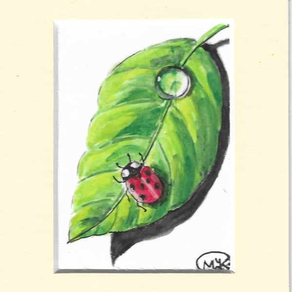 Ladybird on a Green Leaf Miniature. ACEO. Original painting