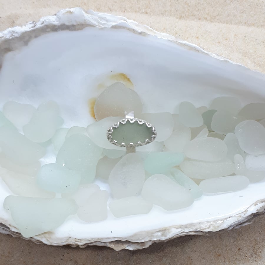 Pale olive green sea glass ring SG24