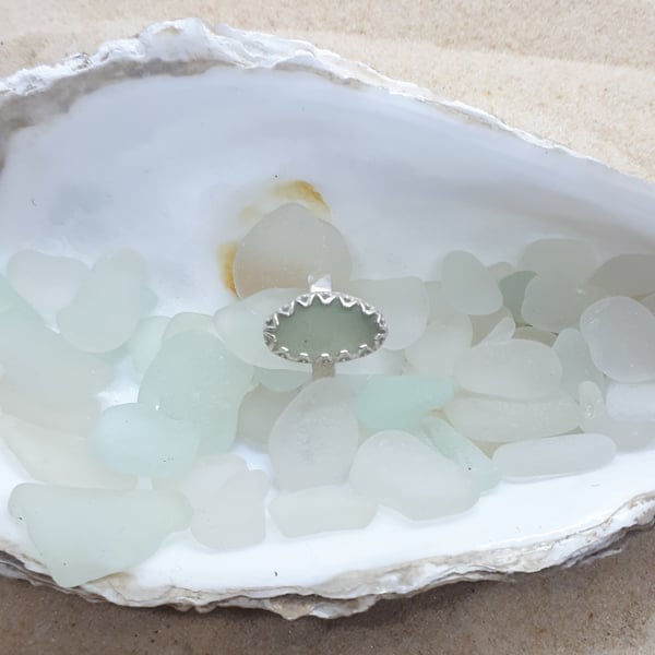 Pale olive green sea glass ring