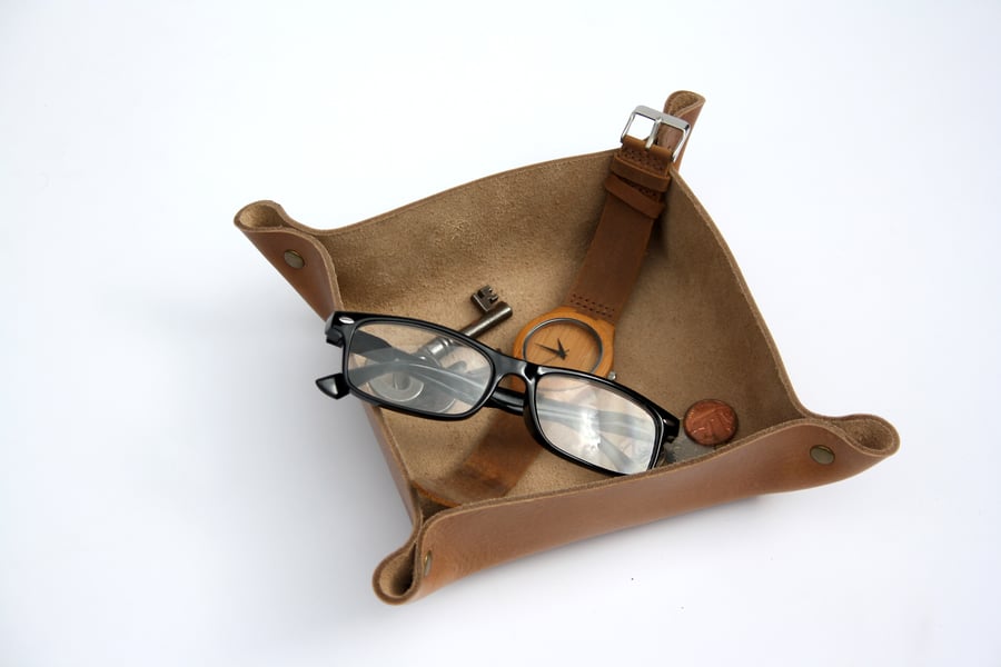 Leather Personalised Coin Tray - Tan Brown - Gift for Him, Her - Gift for Dad