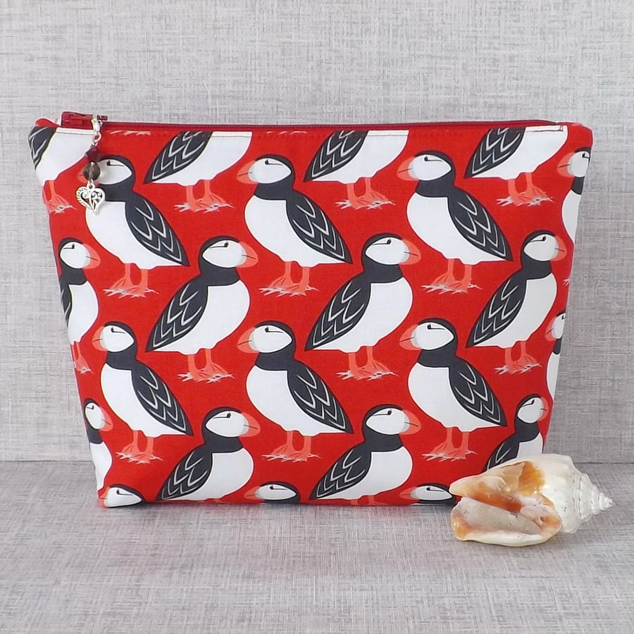 Large zipped pouch, project bag, cosmetic bag, puffins