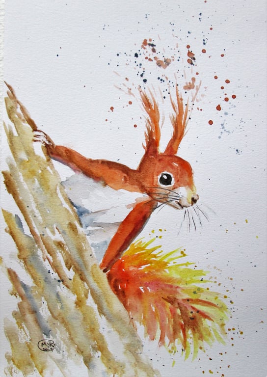 Cute Red Squirrel on a Tree. Original painting