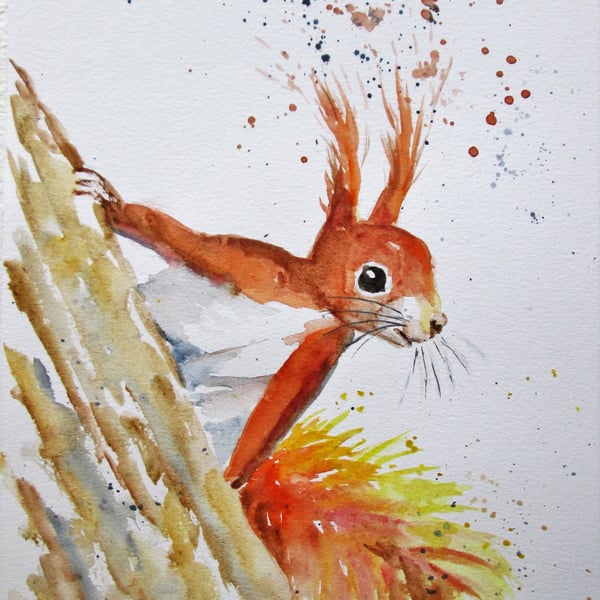 Cute Red Squirrel on a Tree. Original painting