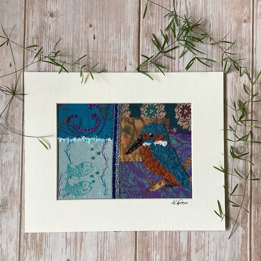 Hand stitched kingfisher mixed media textile collage, bird lovers gift