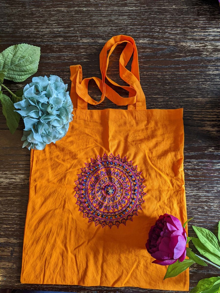 Mandala design embroidered and beaded tote 