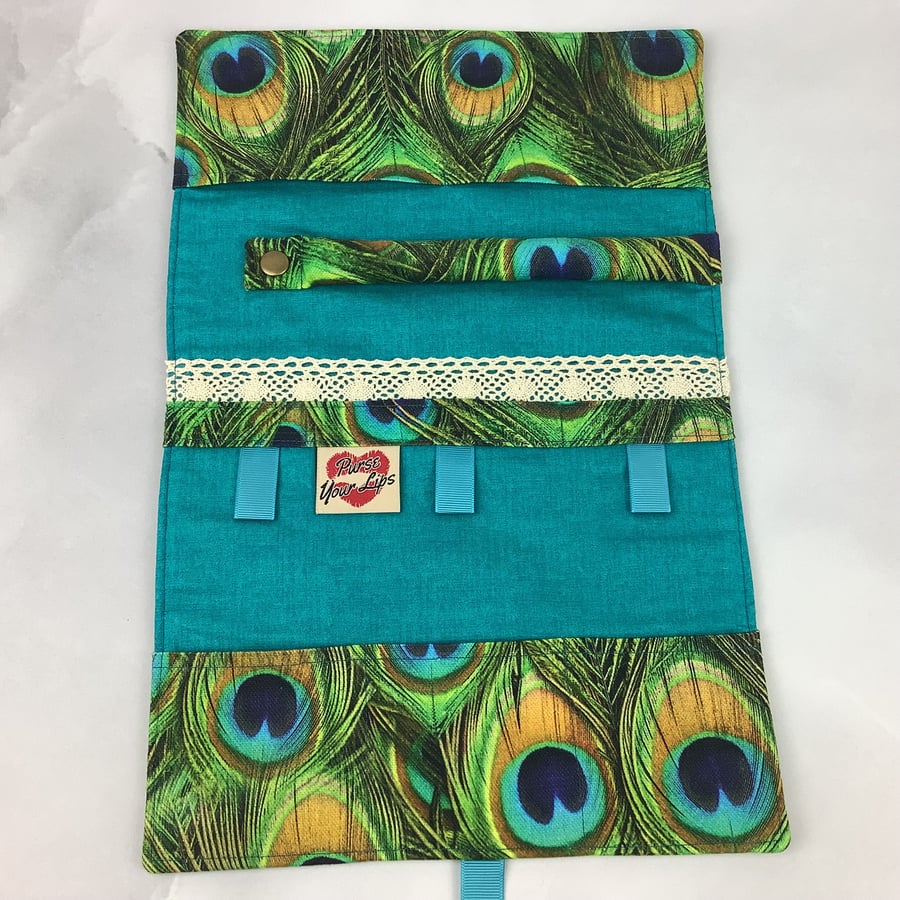 Peacock feathers jewellery roll, Peacock jewellery storage, Handmade