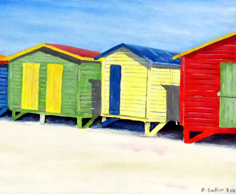 Beach Huts Oil Painting Seaside and Sky Original Canvas Art for Surfers