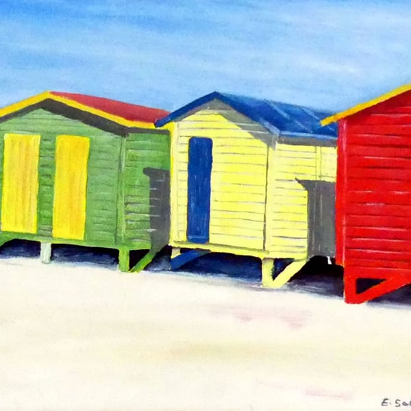 Beach Huts Oil Painting Seaside and Sky Original Canvas Art for Surfers