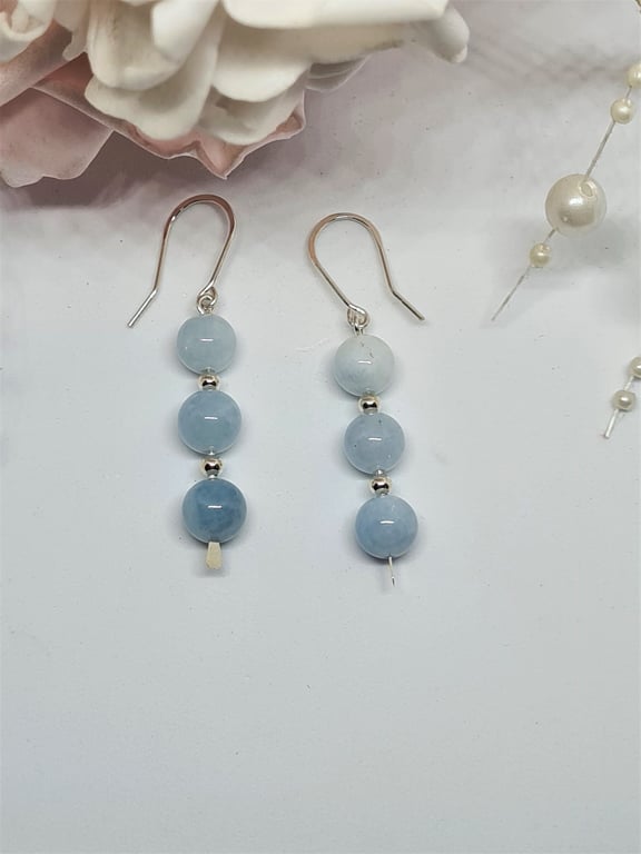 Natural Aquamarine And Sterling Silver Dangle Drop Earrings- Semi- Precious Gems