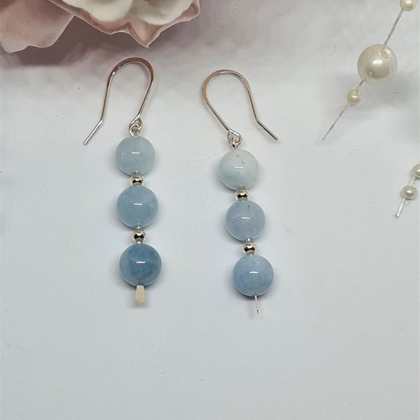 Natural Aquamarine And Sterling Silver Dangle Drop Earrings- Semi- Precious Gems