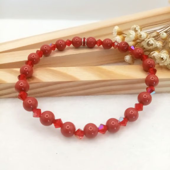 Stretch Bracelet - Cranberry Pearl & Sparkling Red Crystal Bead Bracelet