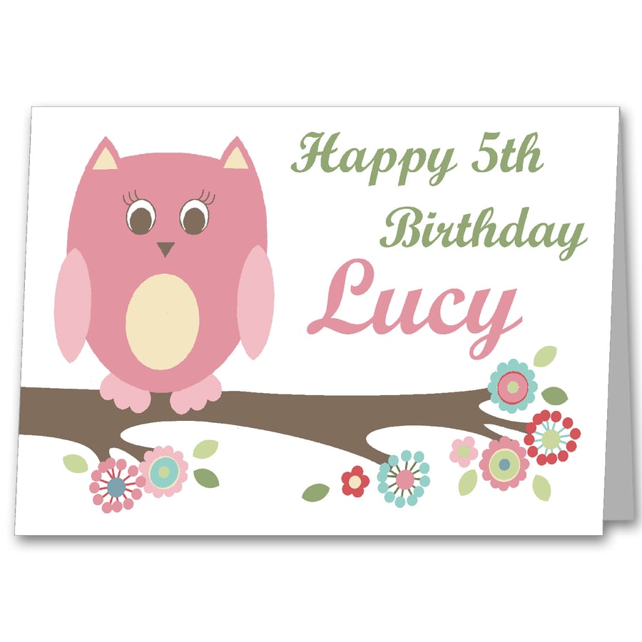 Owl Personalised Girls Birthday Card for 1st, 2nd, 3rd, 4th, 5th, 6th, 7th, 8th