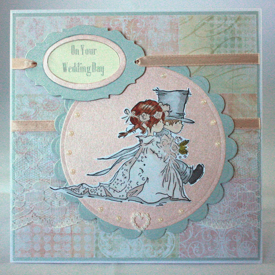 Handmade wedding card peach and grey bride and groom
