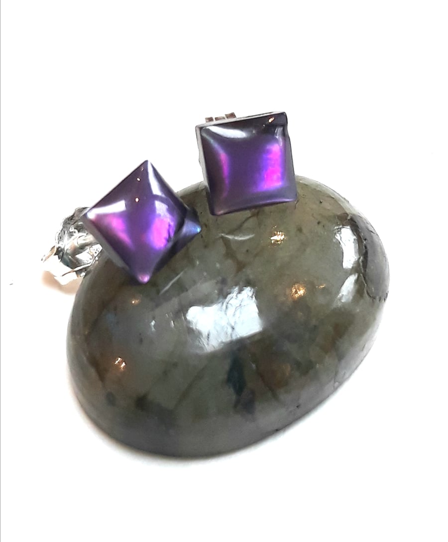 Purple Abalone Studs, Small Square Paua Shell Earrings
