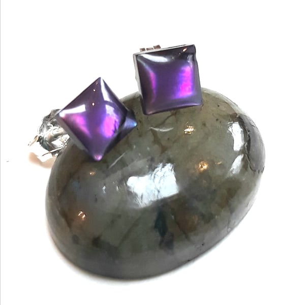 Purple Abalone Studs, Small Square Paua Shell Earrings