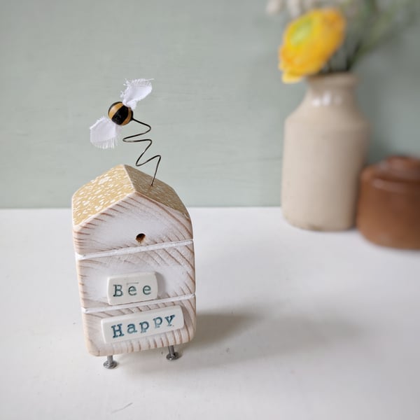 Wooden Beehive With Little Bee 'Bee Happy'