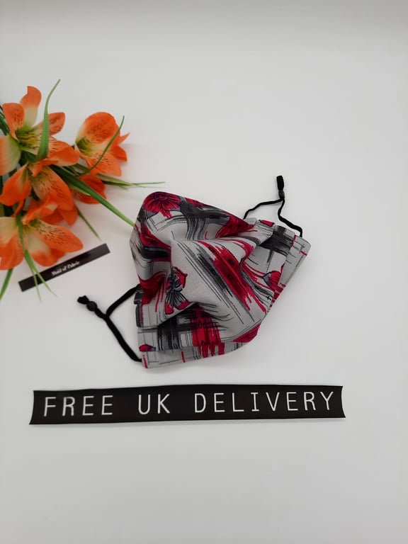 Face mask,  medium,  3 layer,  washable in pink and grey 