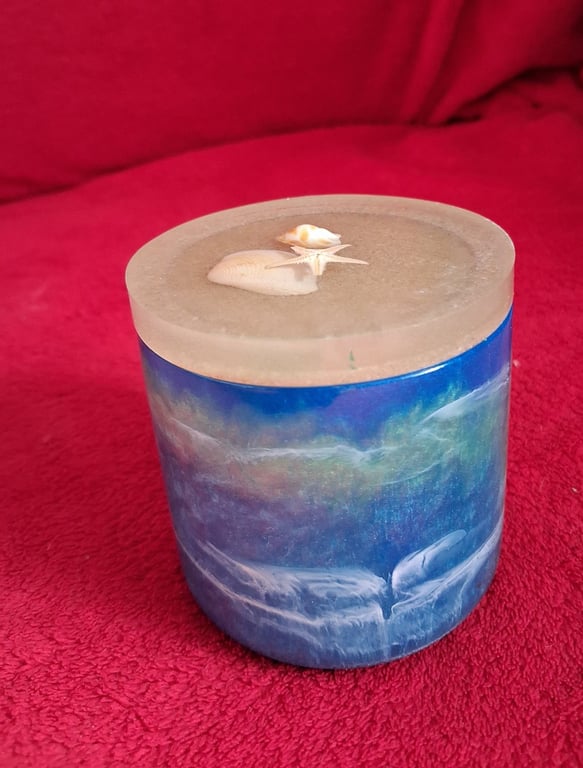Handmade 'seaside' epoxy resin decorative pot with lid.