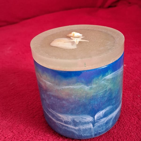 Handmade 'seaside' epoxy resin decorative pot with lid.