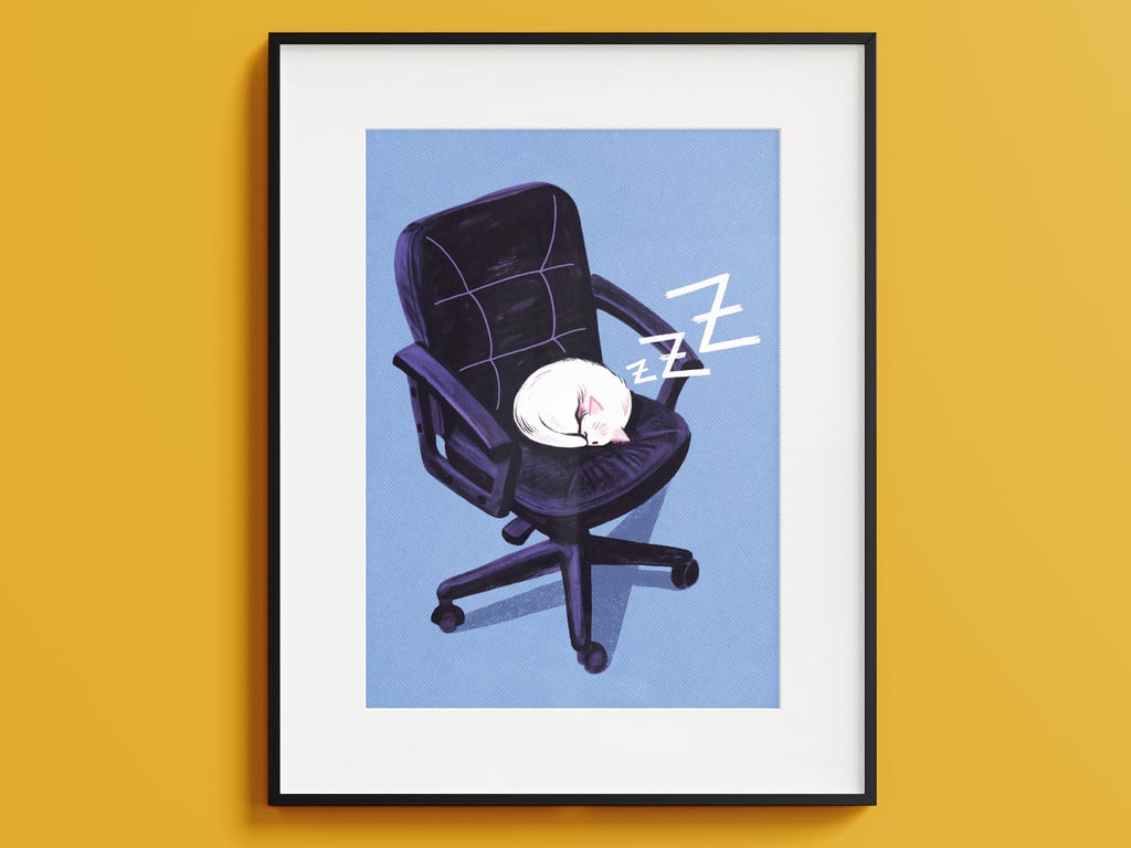 Sleeping Cat Art Print: Funny Office Decor, Cat Lover Gift