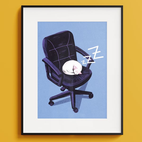 Sleeping Cat Art Print: Funny Office Decor, Cat Lover Gift
