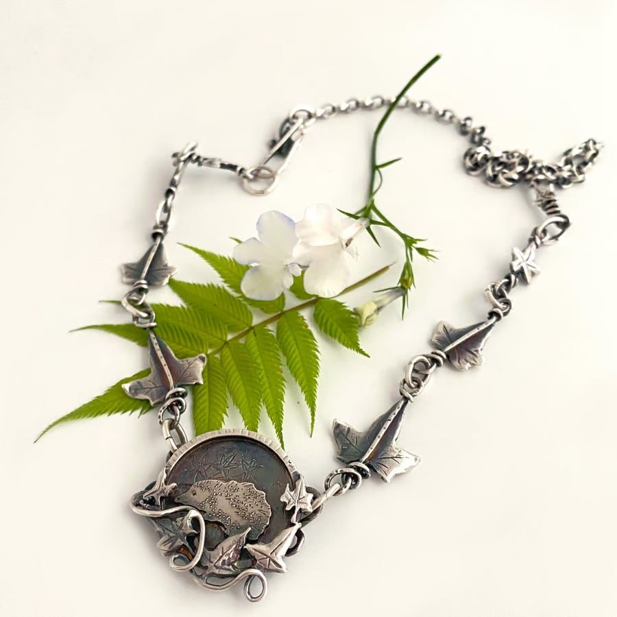 Sold out Hedgehog Under the Ivy Tree Necklace. Diane Lee Silver.