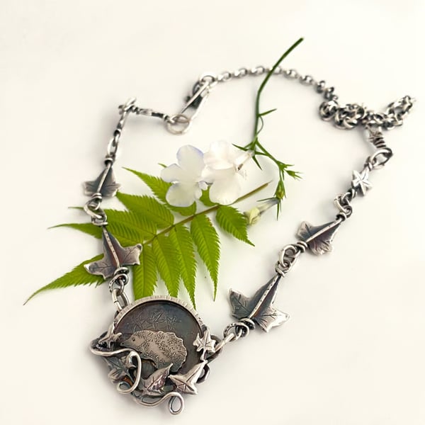 Hedgehog Under the Ivy Tree Necklace. Diane Lee Silver. Handmade by Silverhares