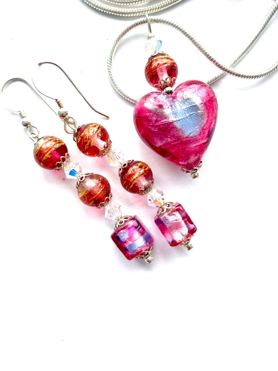 Murano glass pink, gold and blue pendant and earrings set with Swarovski.