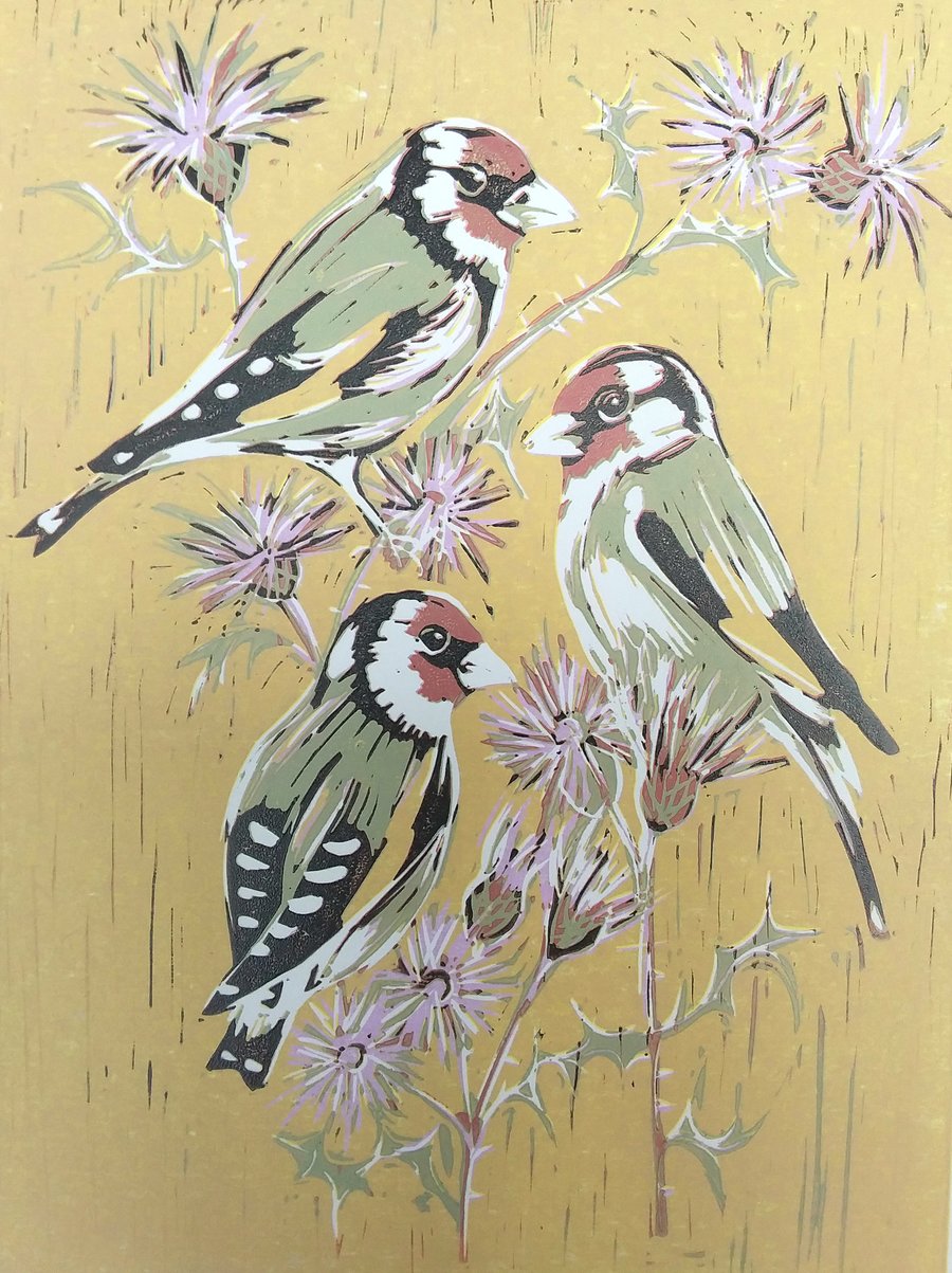 Goldfinches in the thistles - linoprint