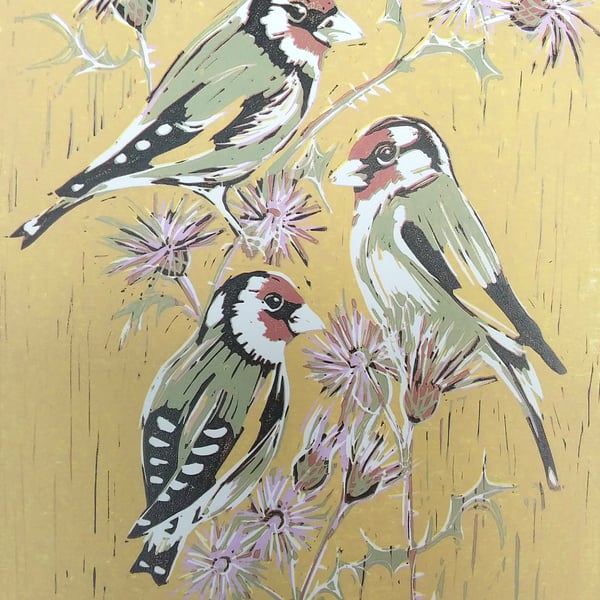 Goldfinches in the thistles - linoprint