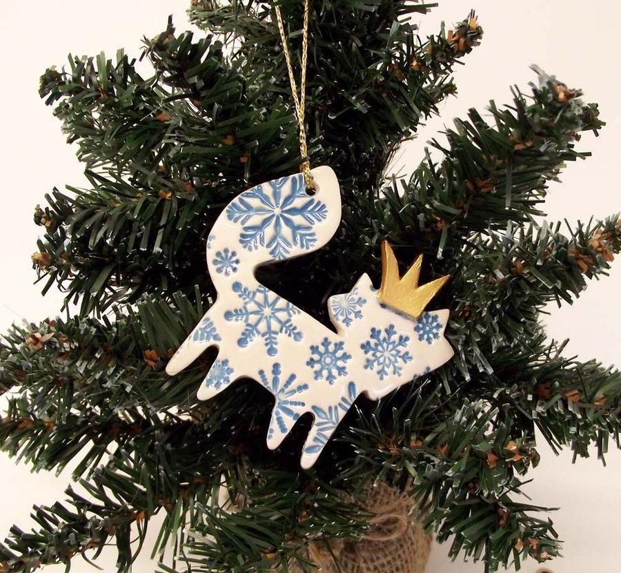 Ceramic Christmas Fox decoration BLUE