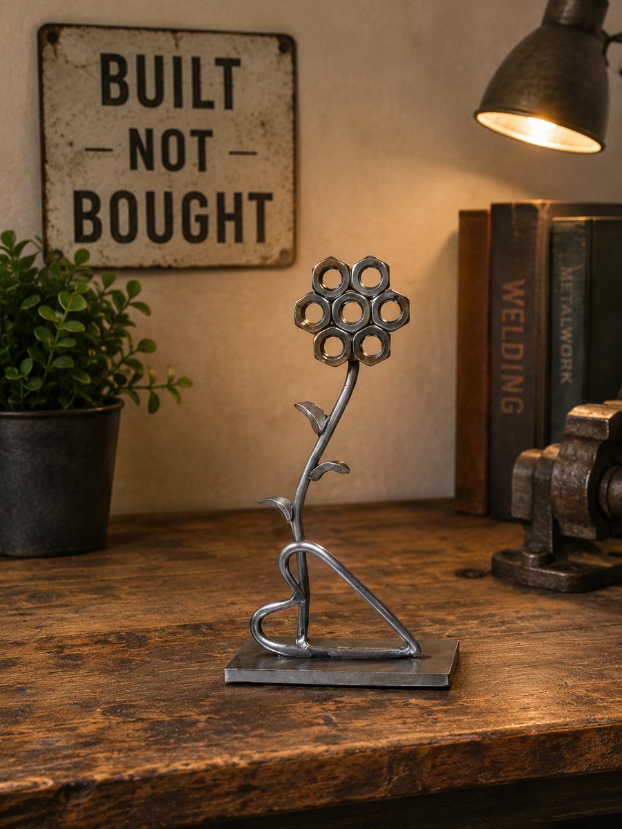 Handcrafted Steel Nut Flower with heart Sculpture - Industrial Metal Art Decor