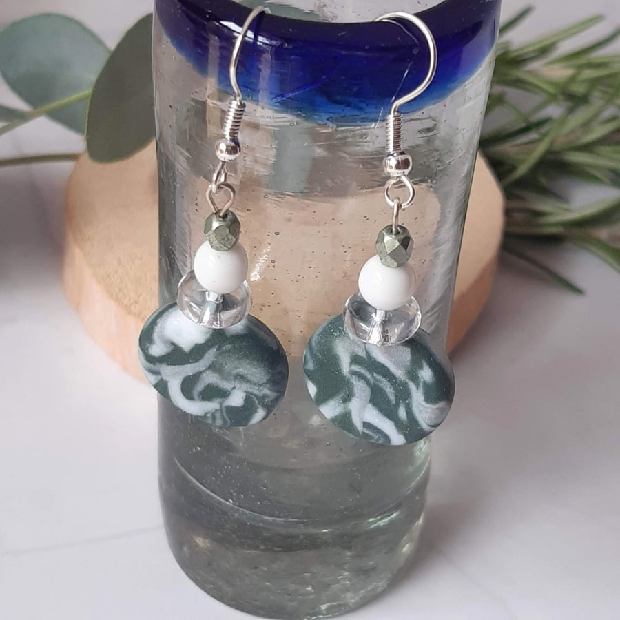 Dangly polymer clay earrings  in fresh forest green and white