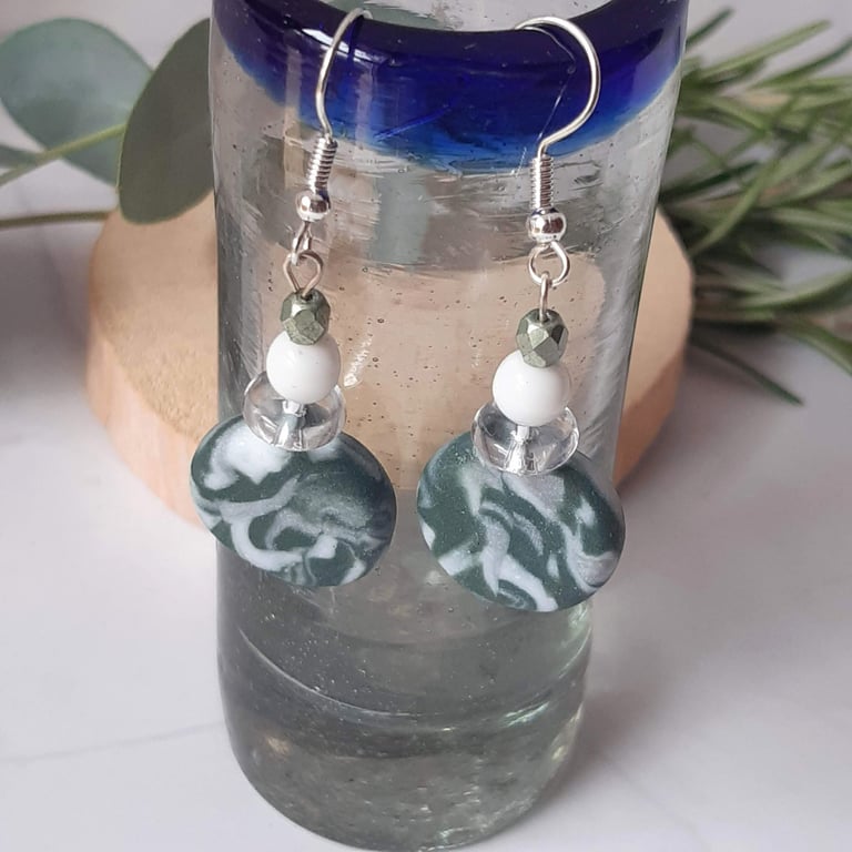 Dangly polymer clay earrings  in fresh forest green and white