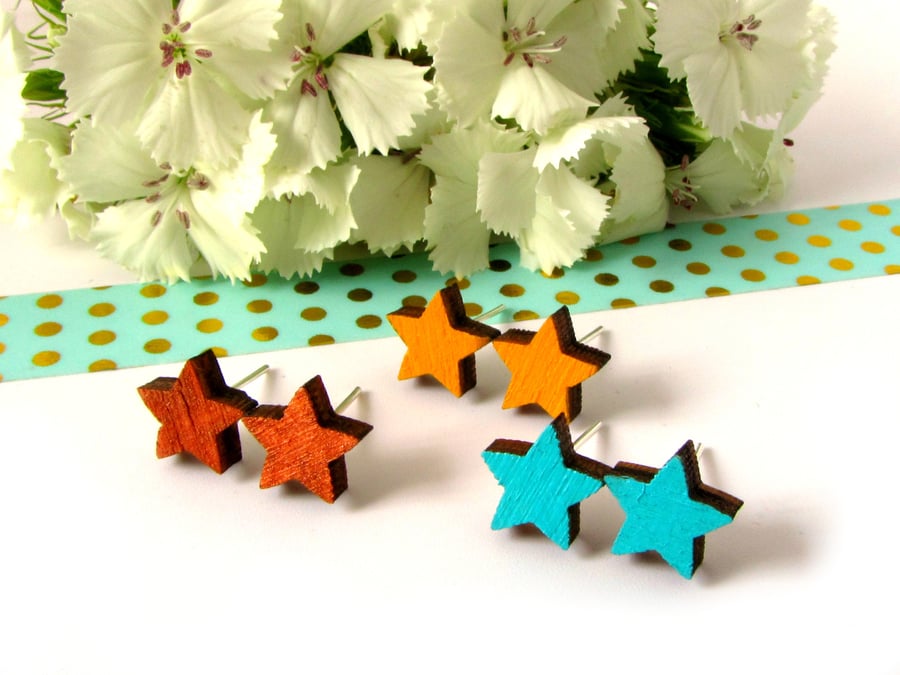 Tiny Wooden Star Stud Earrings