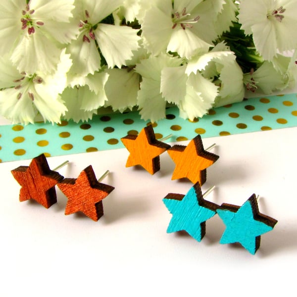 Tiny Wooden Star Stud Earrings