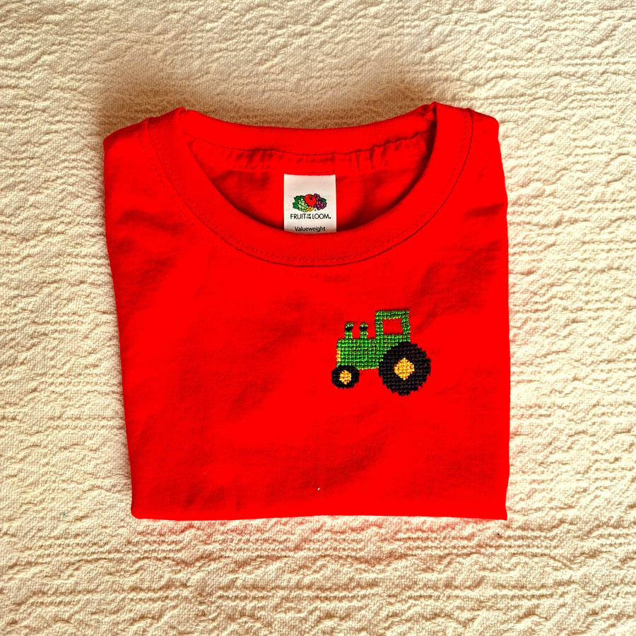 Tractor T-shirt, age 1-2 years, hand embroidered