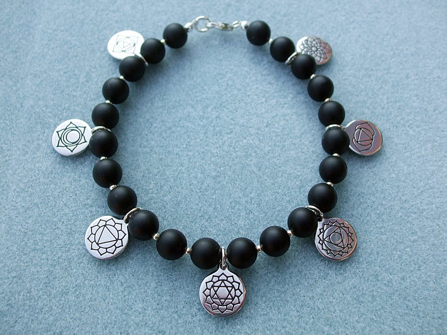 Black Agate Chakra Bracelet, Chakra Charm Bracelet, Seven Chakra Bracelet 