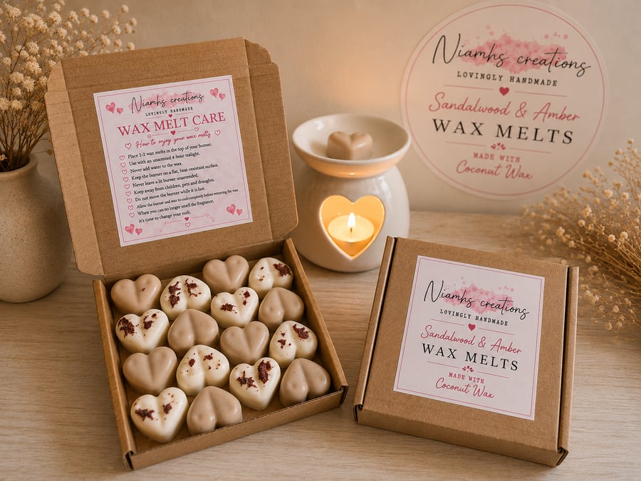 Sandalwood & Amber Highly Scented Heart Wax Melts, Coconut Wax,Uk Made,Vegan