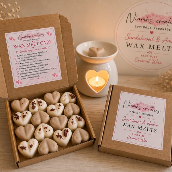 Sandalwood & Amber Highly Scented Heart Wax Melts, Coconut Wax,Uk Made,Vegan