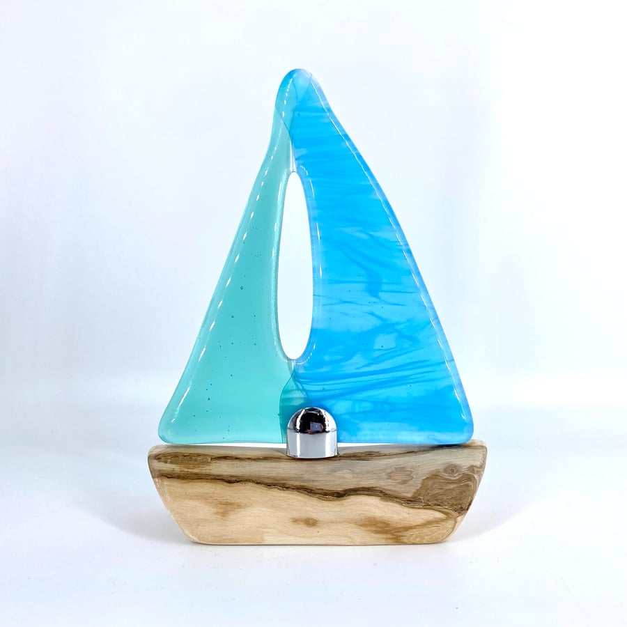 Fused Glass & Drift Wood Sailing Boat 