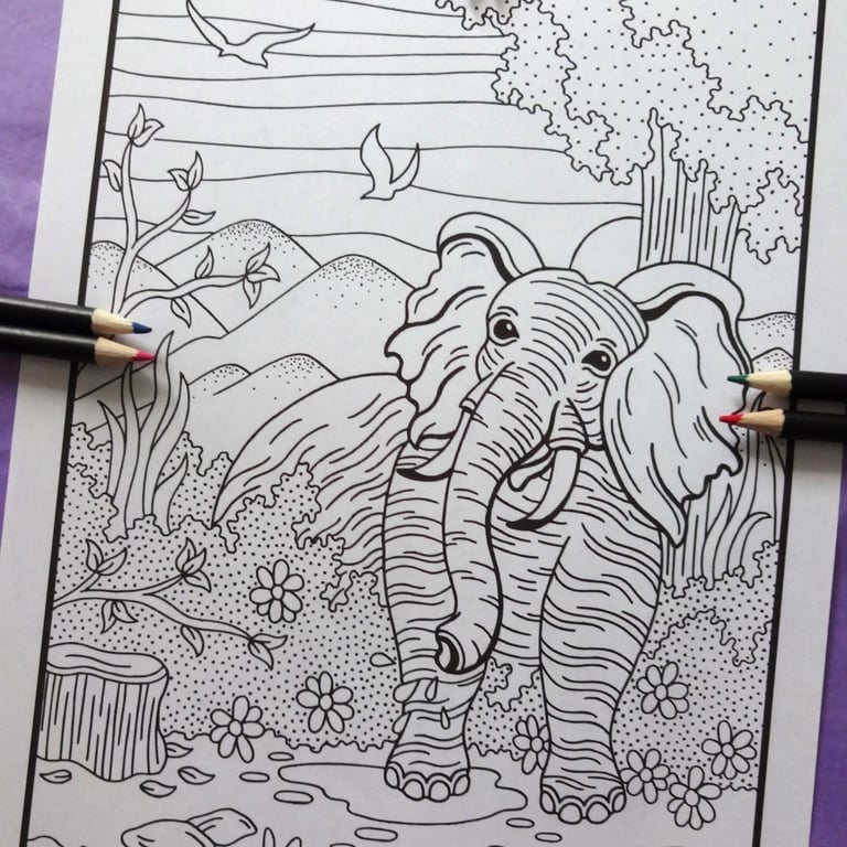 Elephant Jungle A4 Colouring Page Printable JPG by S Godwin Studio