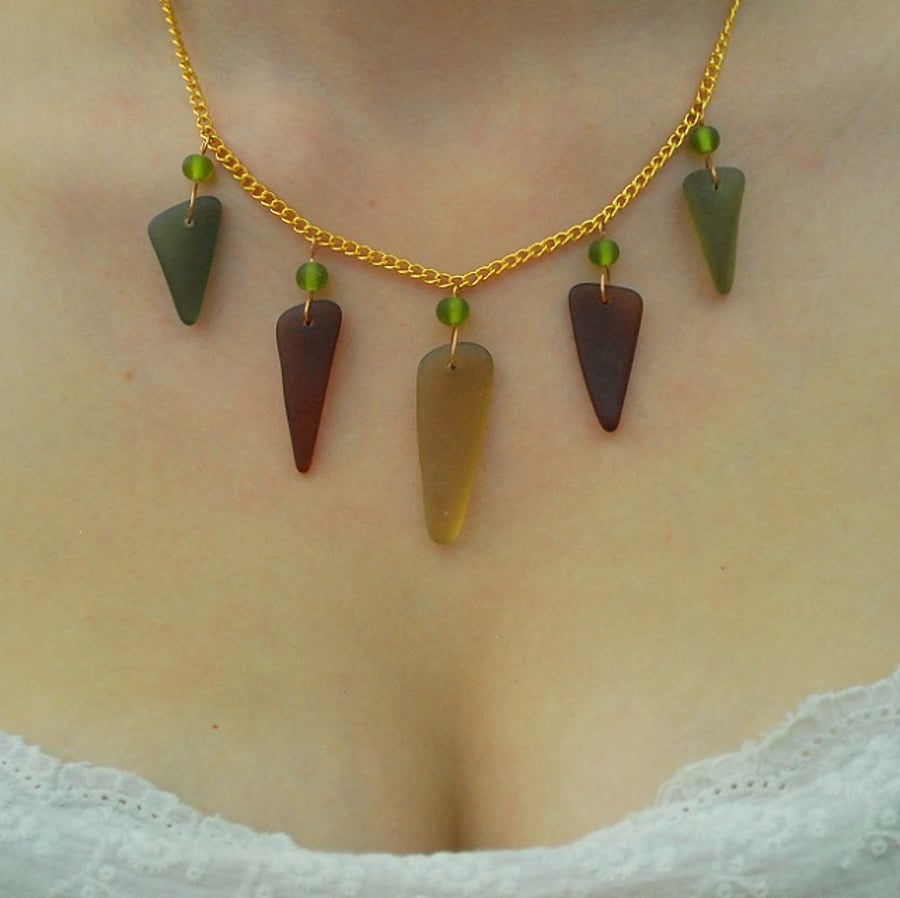 Brown and olive beach glass necklace