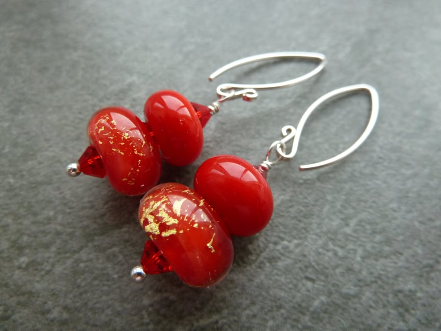 Sterling silver earrings, red and gold lampwork glass